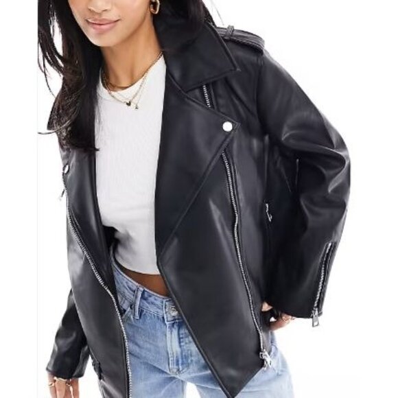 River Island London Womens Black Faux Leather Biker Jacket Curves Edit Size 24‎ - Picture 8 of 8